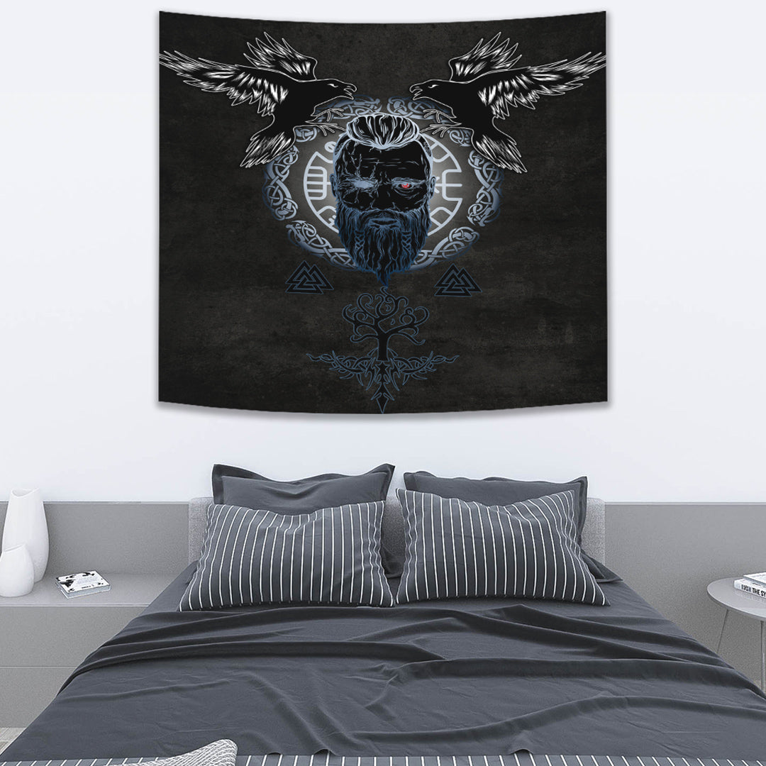 Tapestry - Odin Hugin and Munin Valknut Yggdrasil White Rune Tapestry