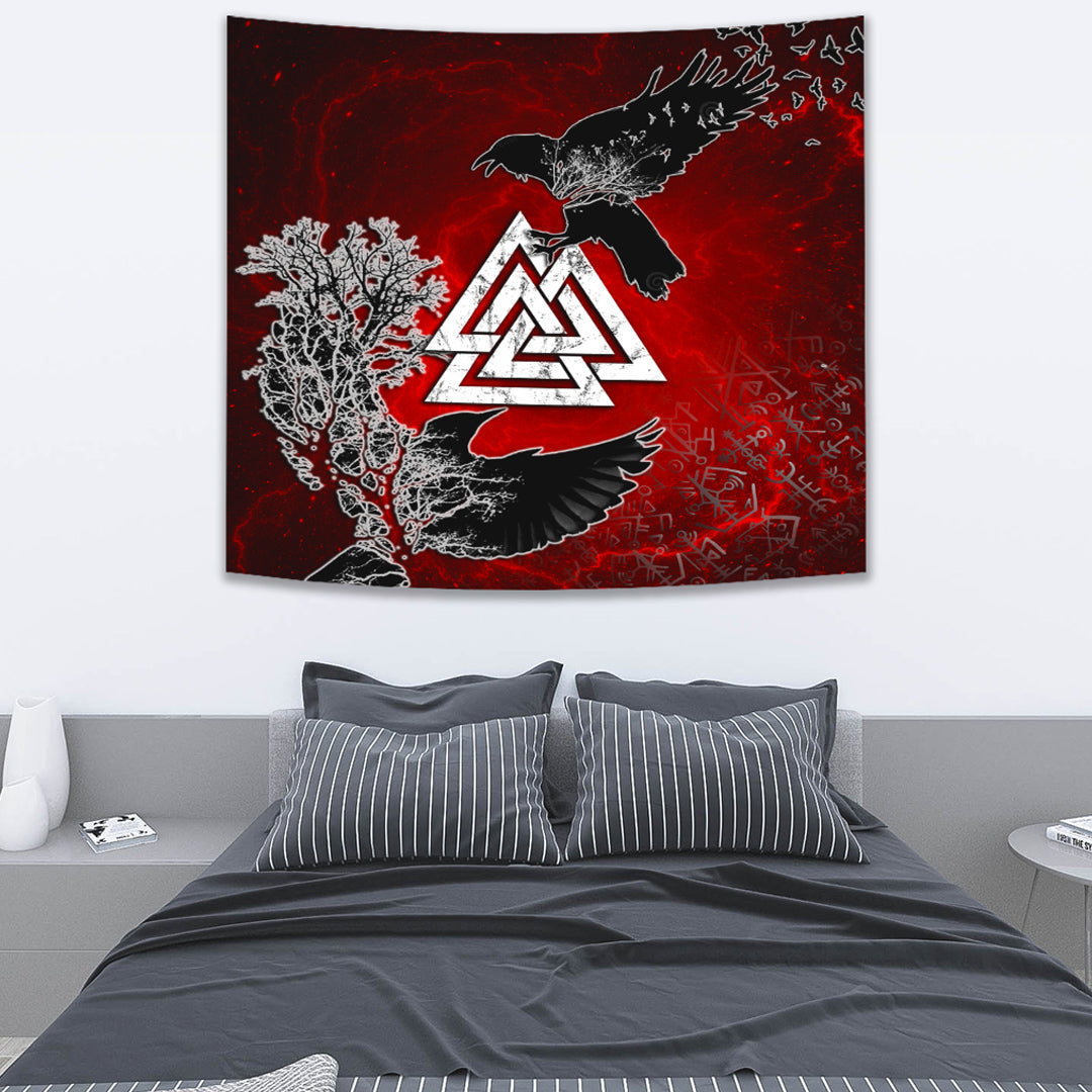Tapestry - Hugin and Munin Valknut Helm Of Awe Rune Tapestry