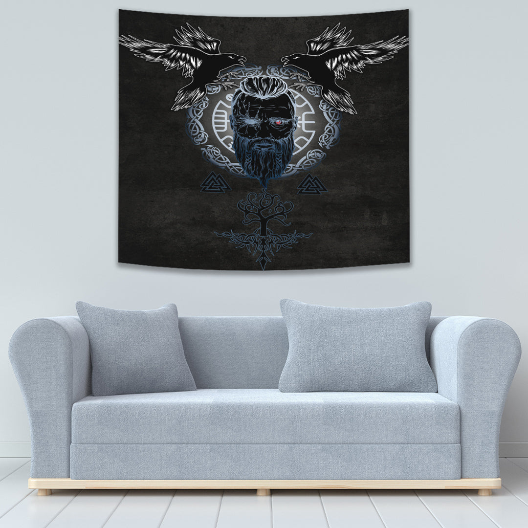 Tapestry - Odin Hugin and Munin Valknut Yggdrasil White Rune Tapestry