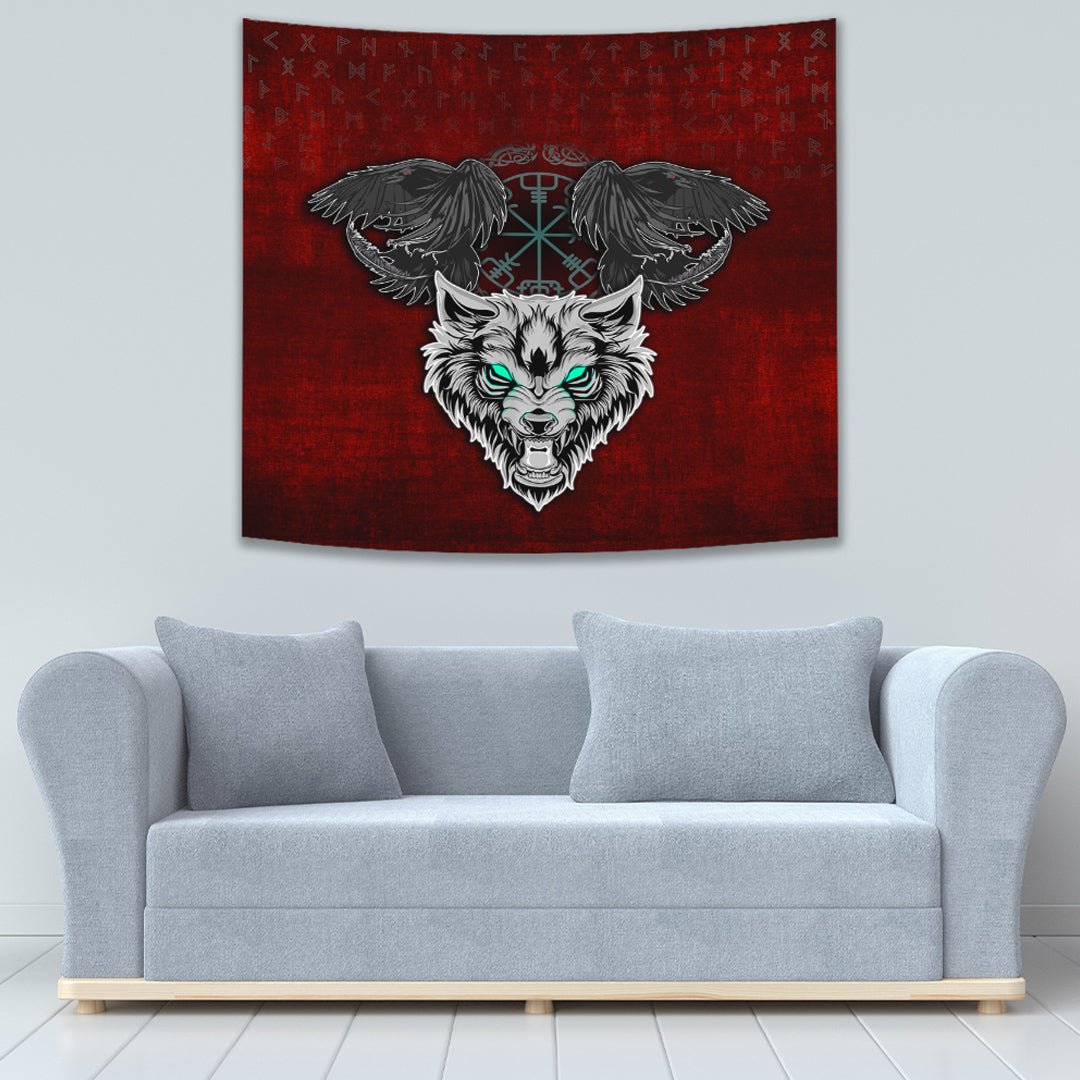Tapestry - Fenrir Hugin and Munin Green Vegvisir Rune Tapestry