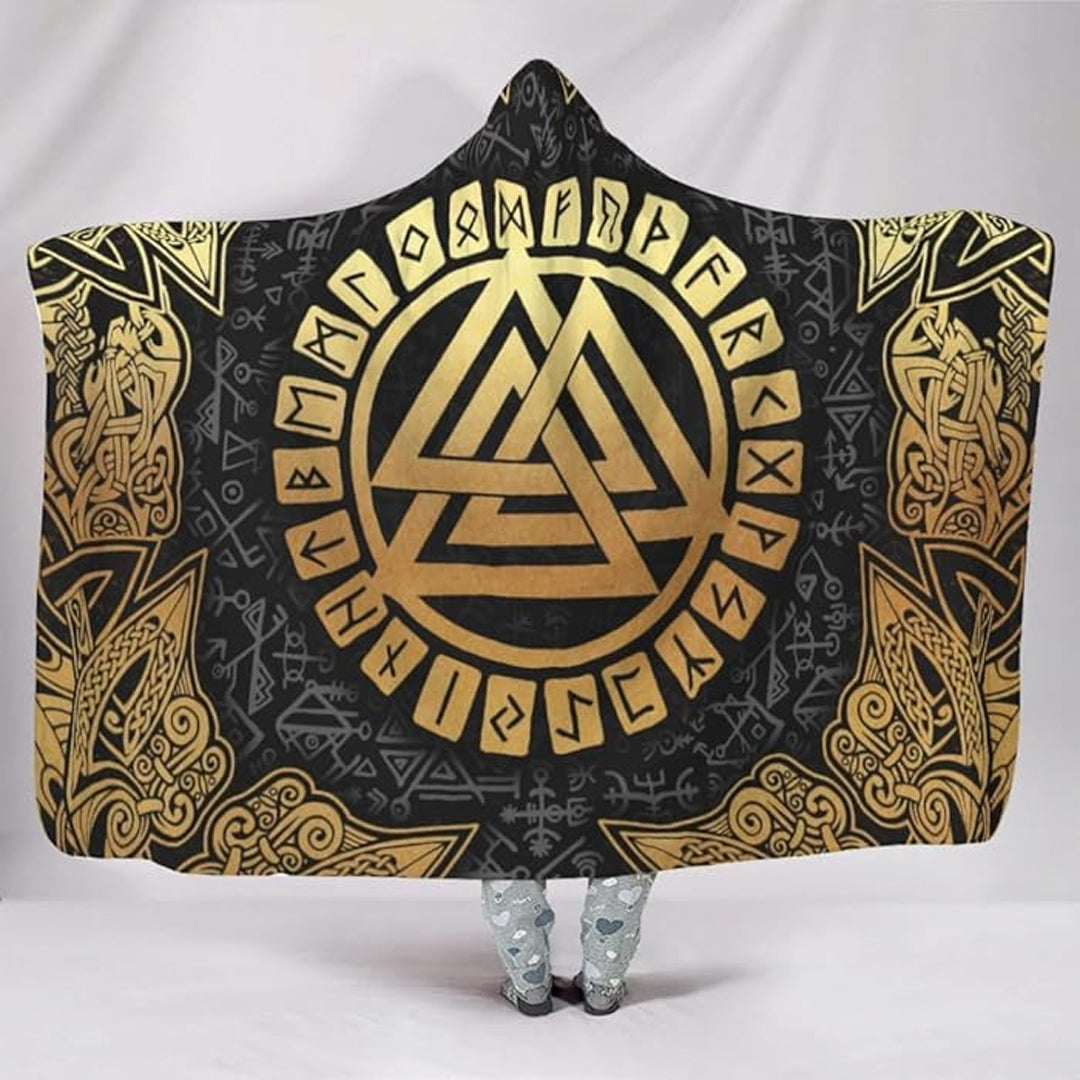Hooded Blanket - Valknut and Rune Gold Round