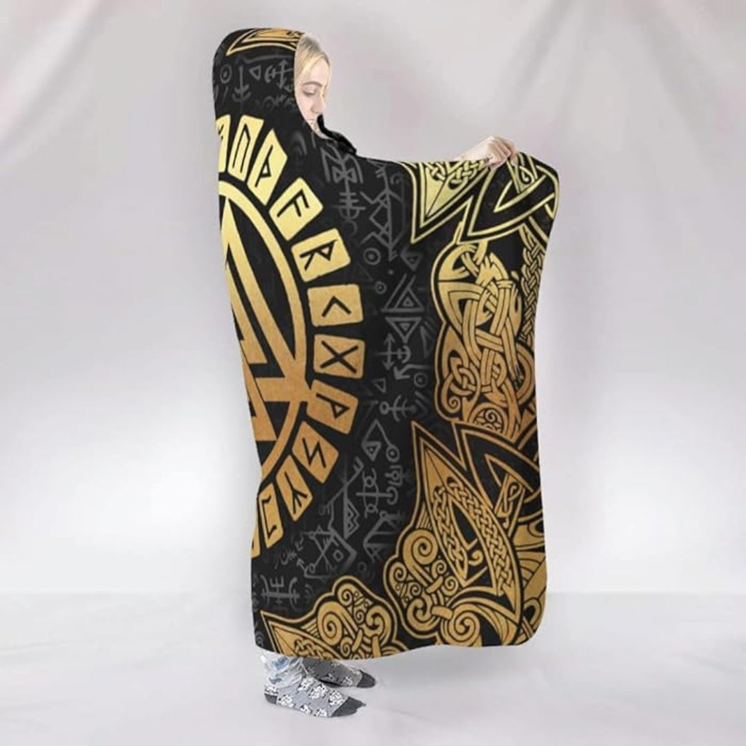 Hooded Blanket - Valknut and Rune Gold Round