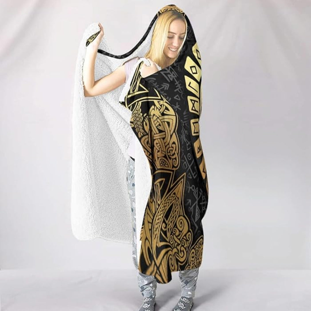 Hooded Blanket - Valknut and Rune Gold Round