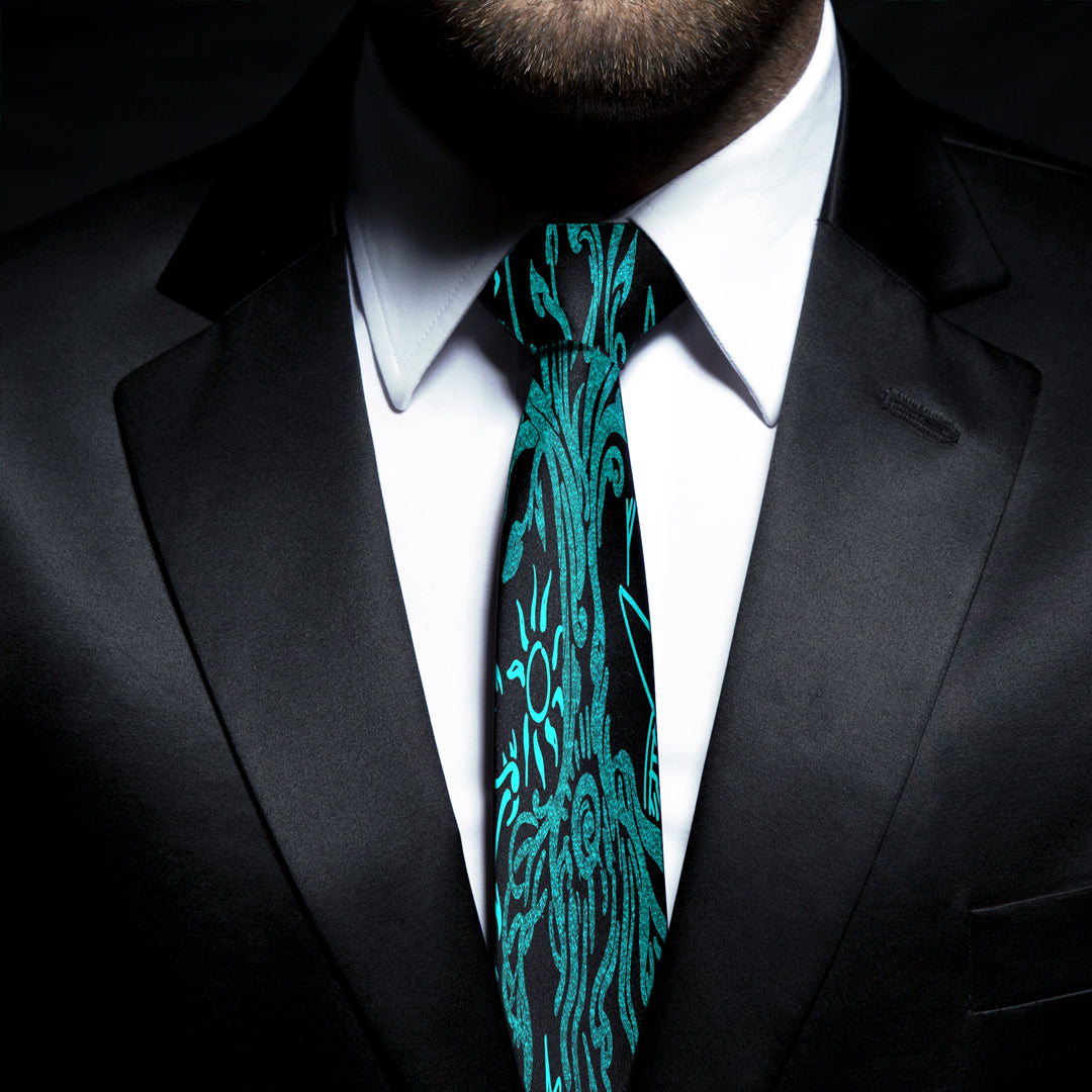 Viking Art Yggdrasil Pattern Cyan Necktie