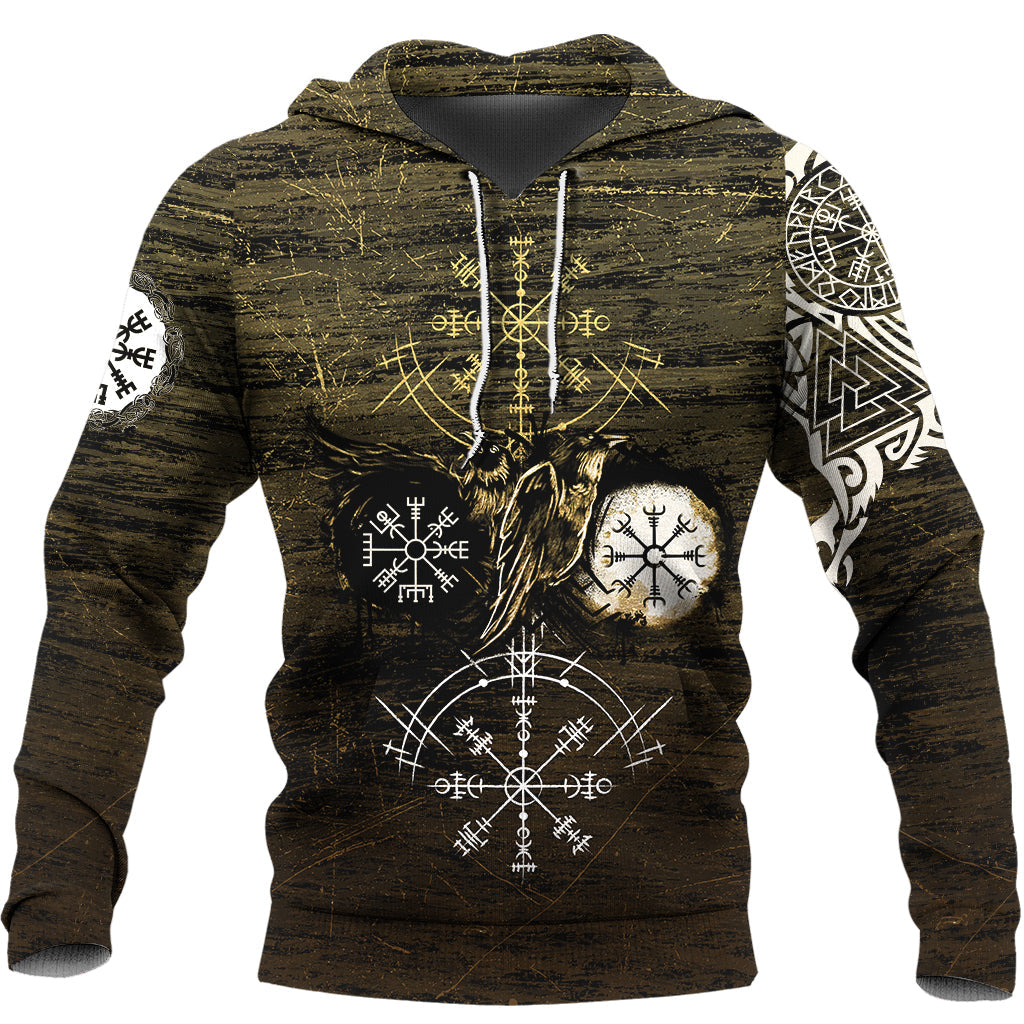 Hoodie Raven of Odin and Symbol Viking on Gold Background