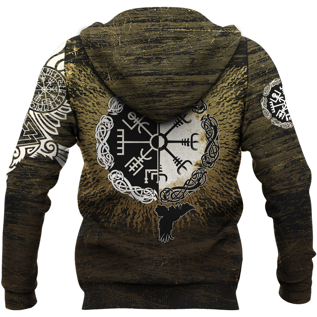 Hoodie Raven of Odin and Symbol Viking on Gold Background