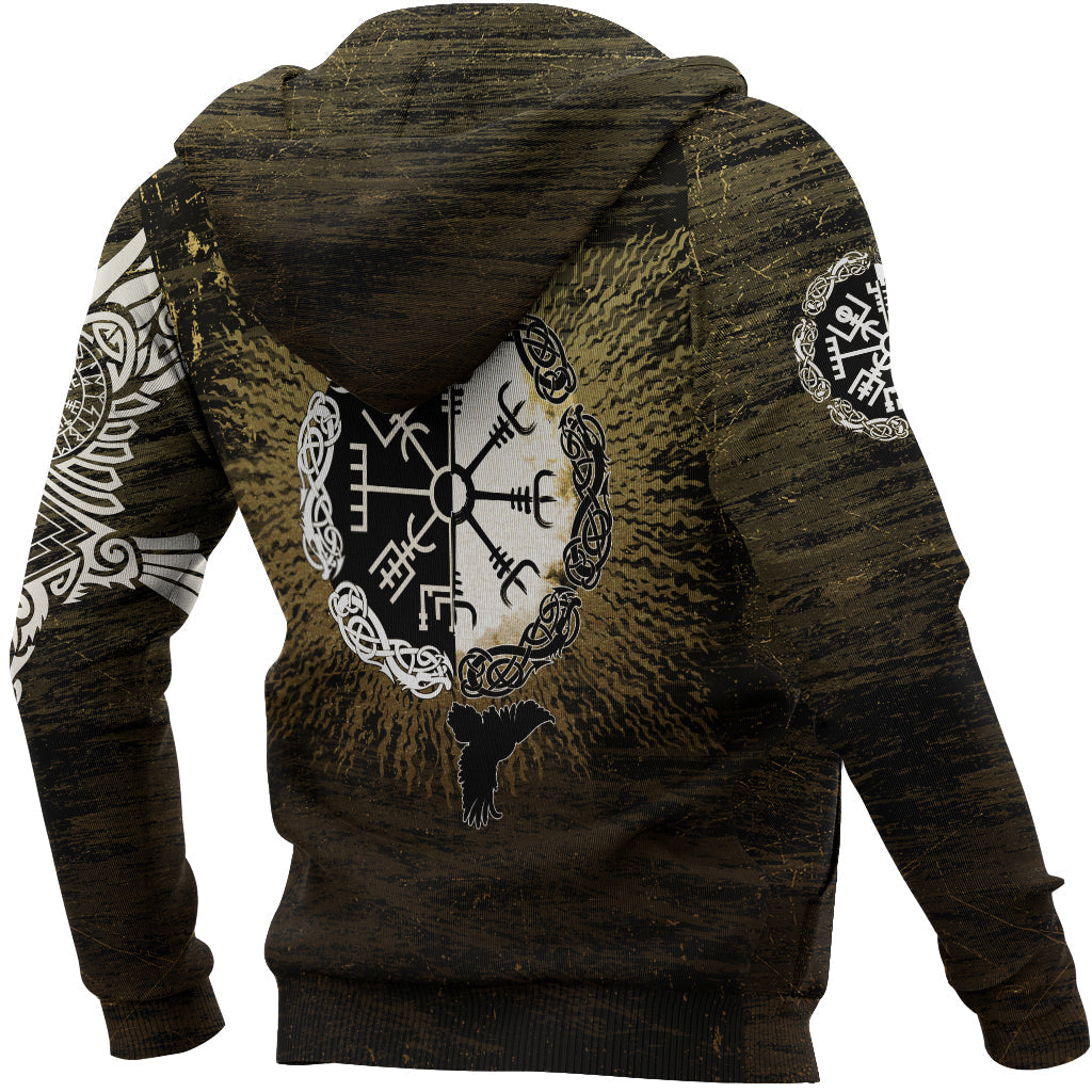 Hoodie Raven of Odin and Symbol Viking on Gold Background
