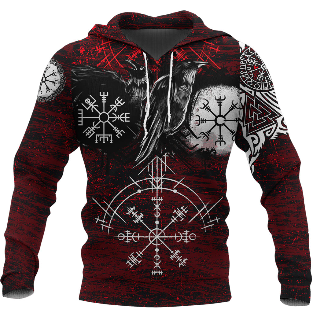 Hoodie Raven of Odin and Symbol Viking on Blood Background