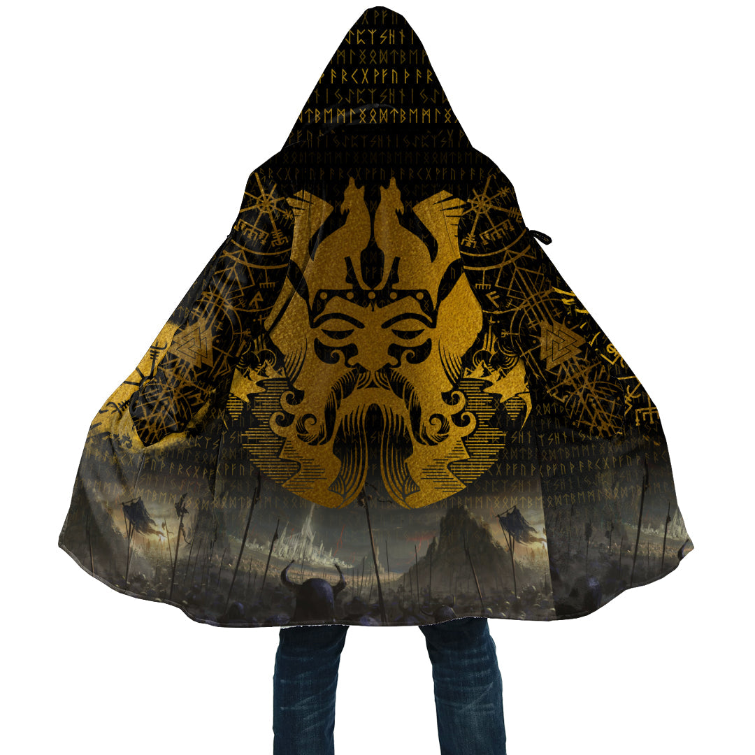 Odin And Raven Tattoo In Gold In Viking Battle Cloak