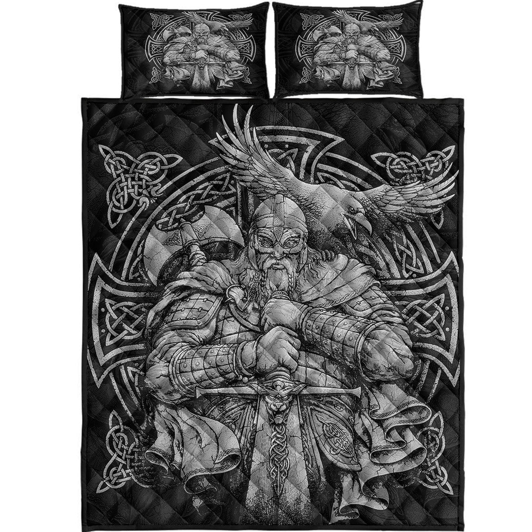 Quilt Bed Set - Viking Odin Tattoo and Raven Round Vector Style Quilt Bed Set