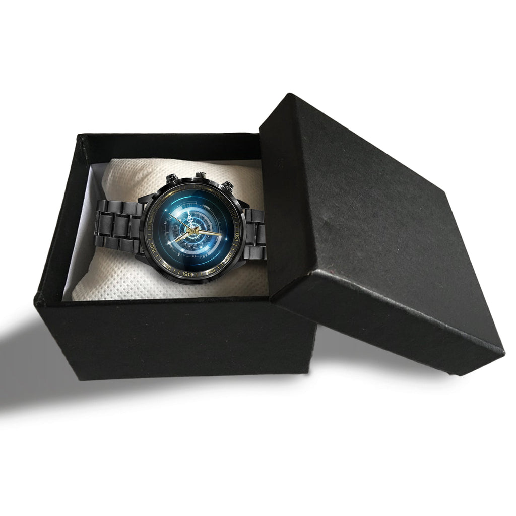 Watch - Abstract Futuristic Technology Background With Clock Concept And Time Machine Black Stainless Steel Watch