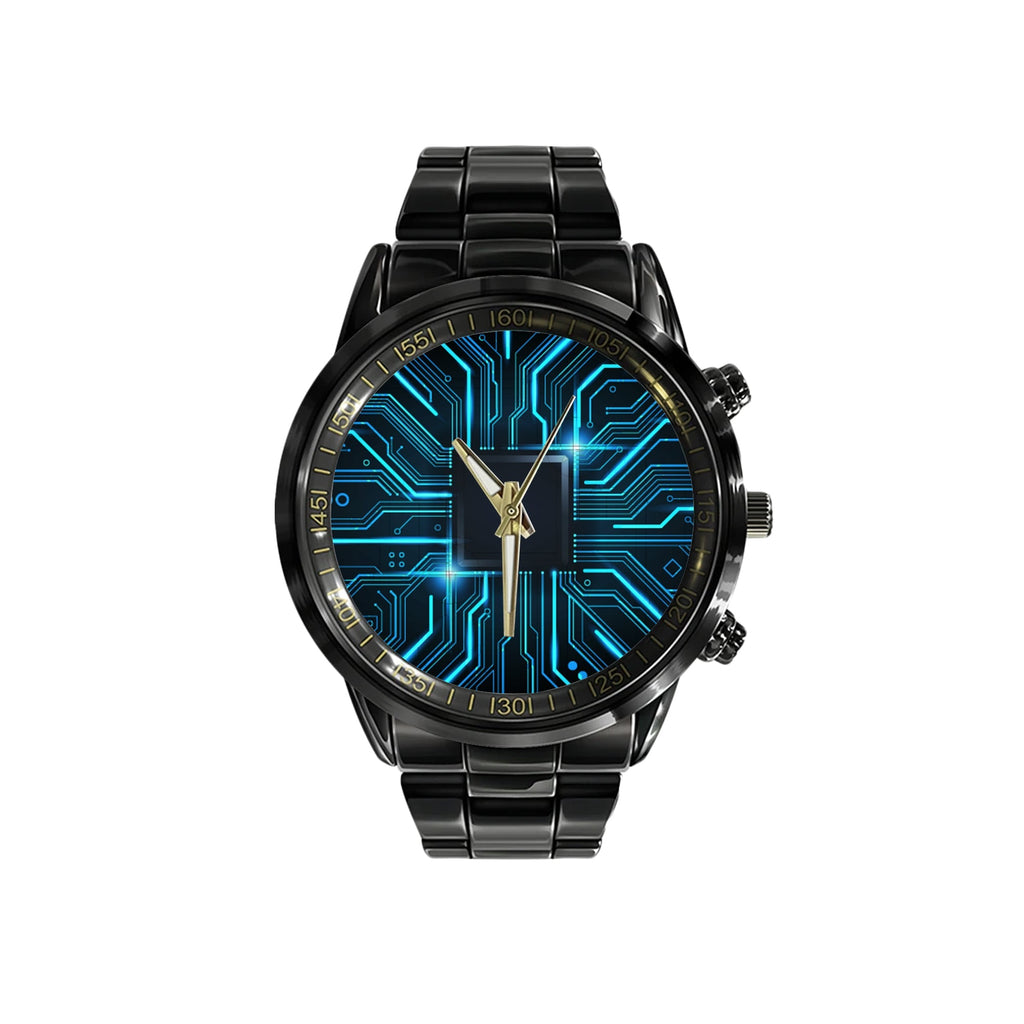 Watch - Abstract Technology Circuit Board Background. Futuristic Chip Processor Code On Blue Technology Background Black Stainless Steel Watch