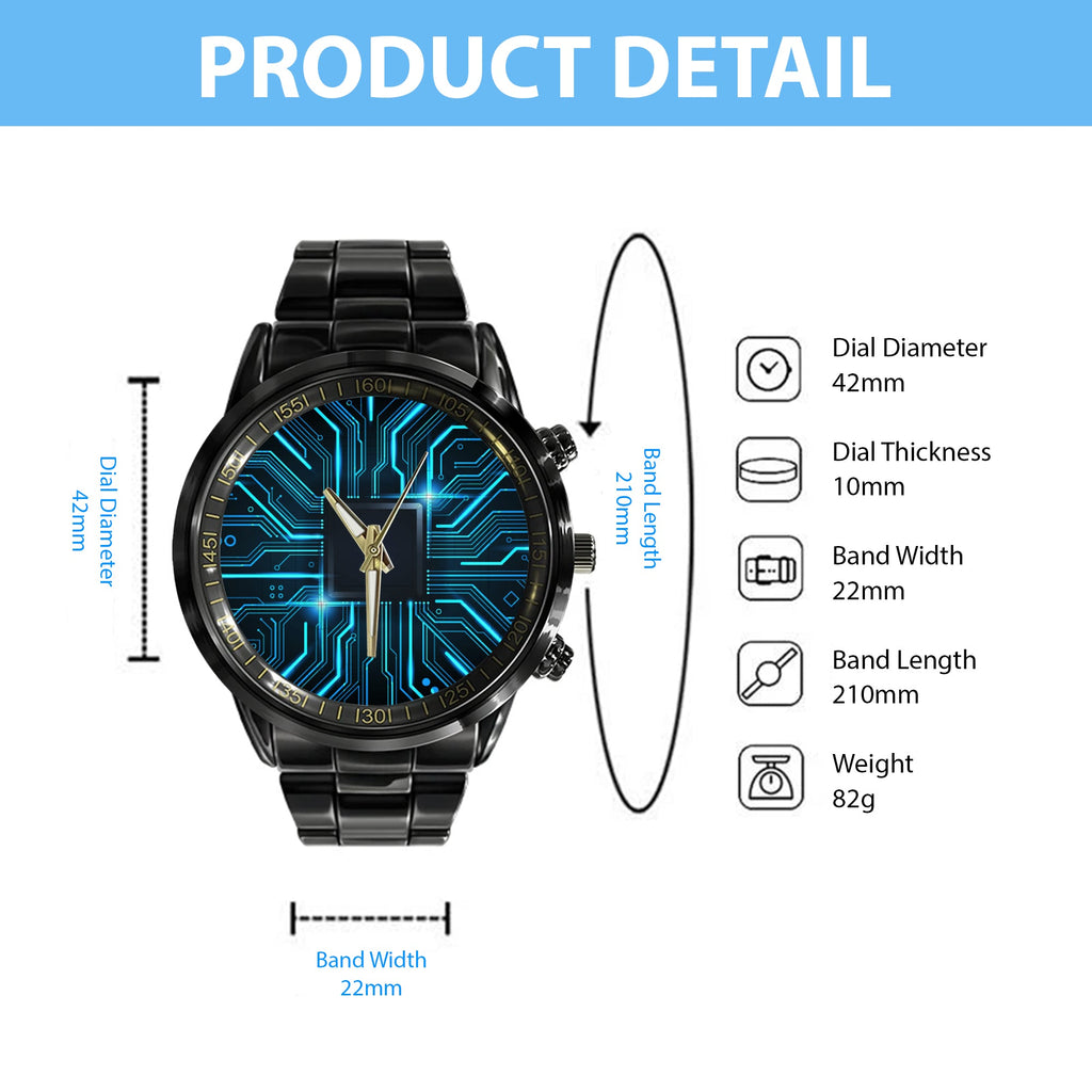 Watch - Abstract Technology Circuit Board Background. Futuristic Chip Processor Code On Blue Technology Background Black Stainless Steel Watch