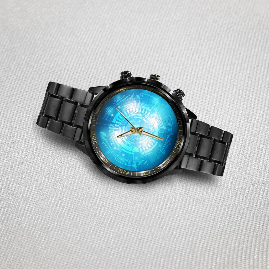 Watch - Abstract Technological Background With Various Technological Elements. Structure Pattern Technology Black Stainless Steel Watch