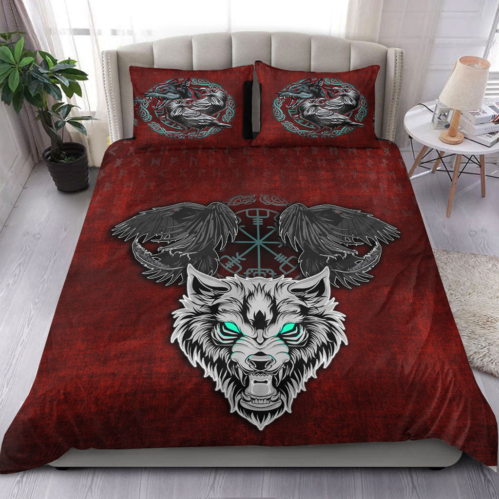 Bedding Set Fenrir Hugin and Munin Green Vegvisir Rune Bedding Set