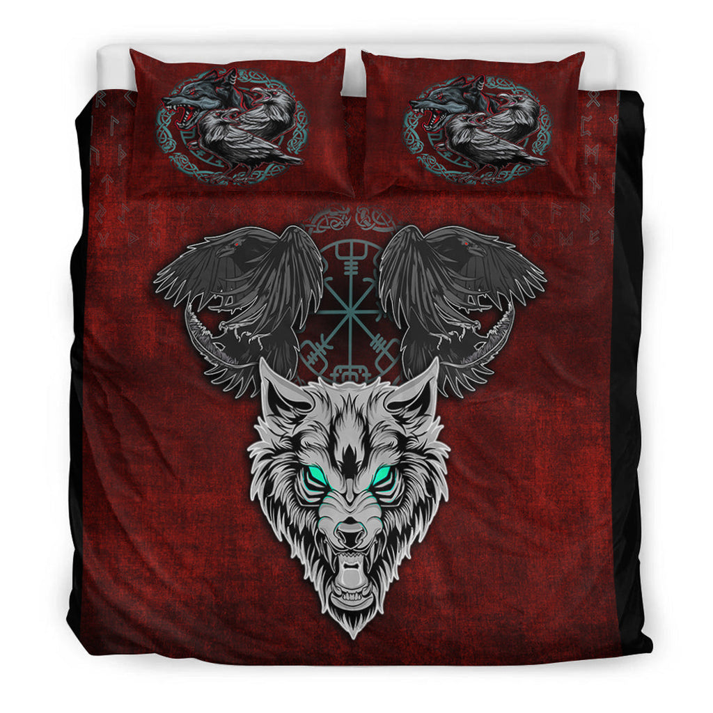 Bedding Set Fenrir Hugin and Munin Green Vegvisir Rune Bedding Set