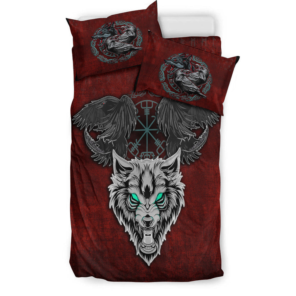 Bedding Set Fenrir Hugin and Munin Green Vegvisir Rune Bedding Set