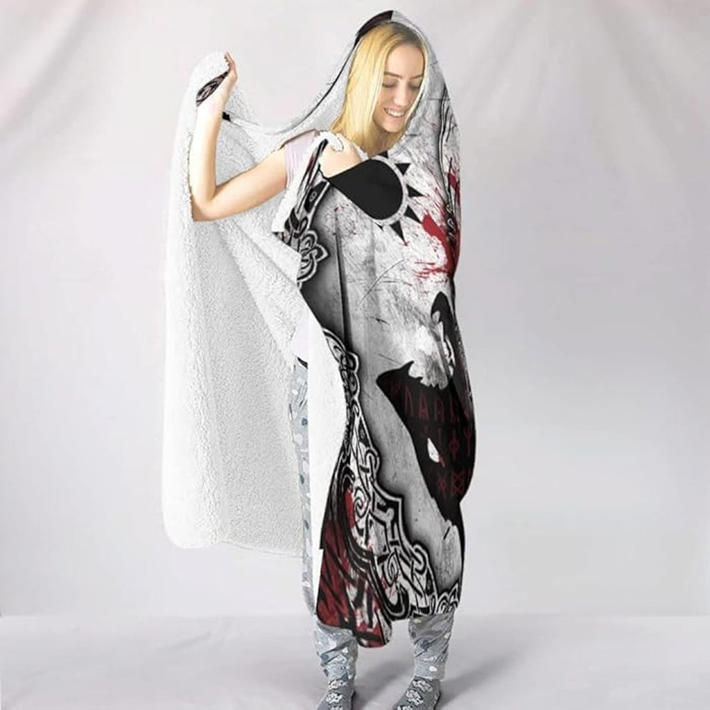 Hooded Blanket - Skoll and Hati Valknut and Blood Rune