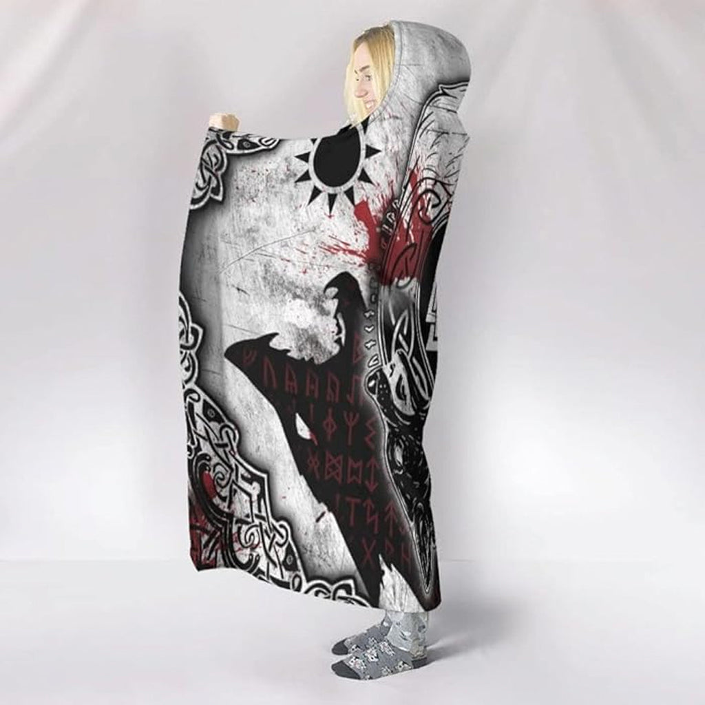 Hooded Blanket - Skoll and Hati Valknut and Blood Rune