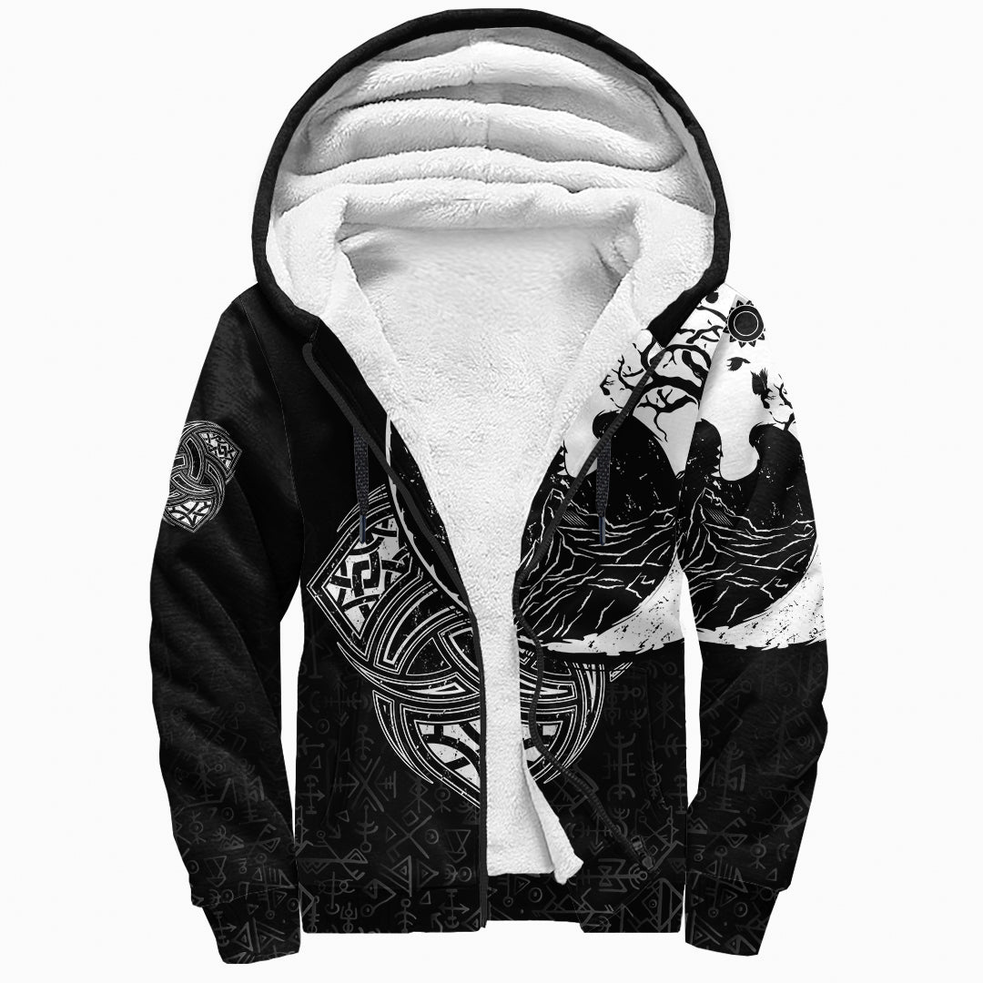 Sherpa Hoodie - Sleeve Fenrir Triple Horn of Odin Rune Black Pattern