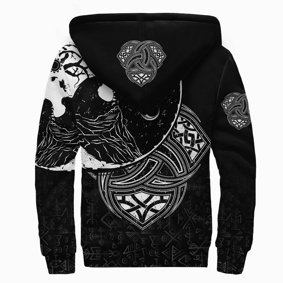 Sherpa Hoodie - Sleeve Fenrir Triple Horn of Odin Rune Black Pattern