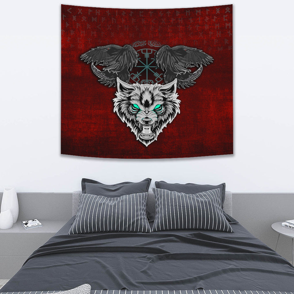 Tapestry - Fenrir Hugin and Munin Green Vegvisir Rune Tapestry