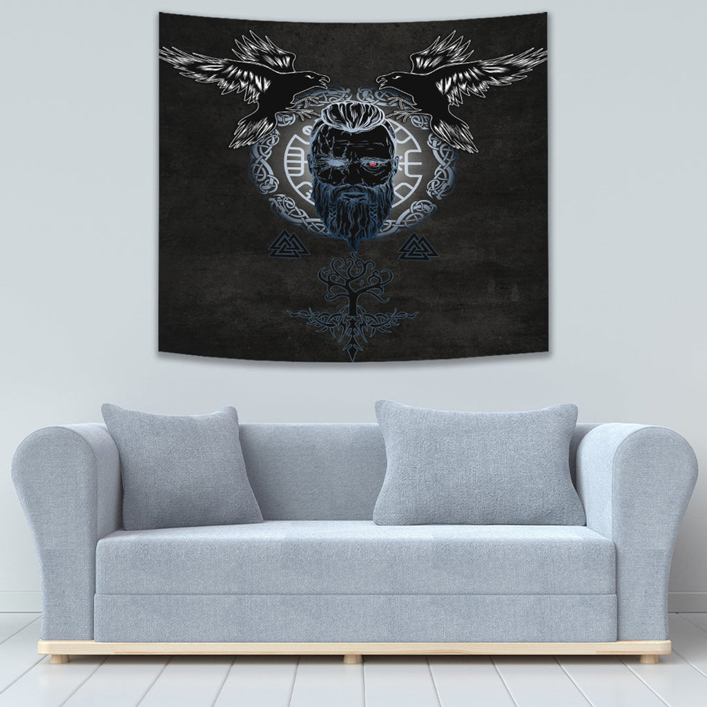Tapestry - Odin Hugin and Munin Valknut Yggdrasil White Rune Tapestry