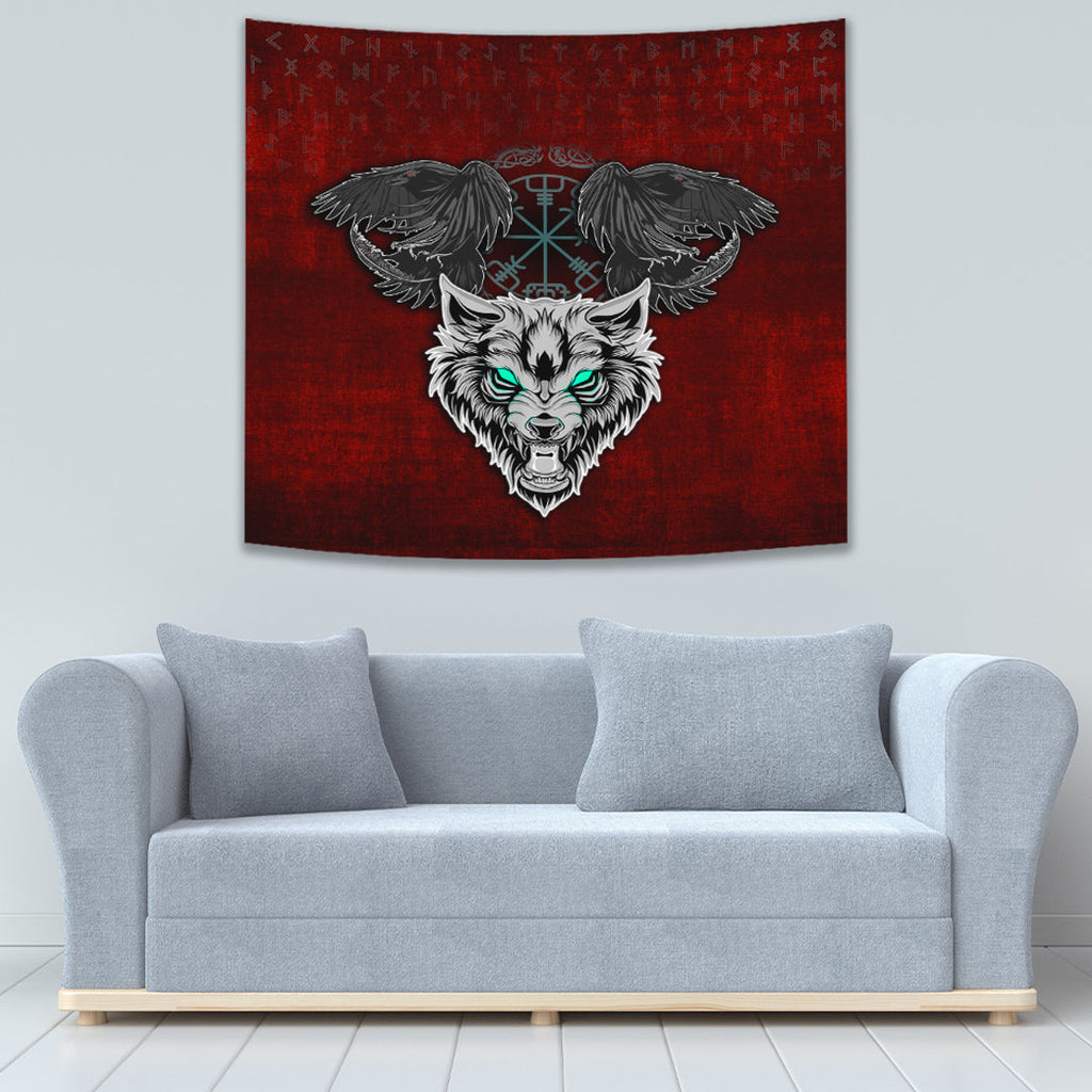 Tapestry - Fenrir Hugin and Munin Green Vegvisir Rune Tapestry