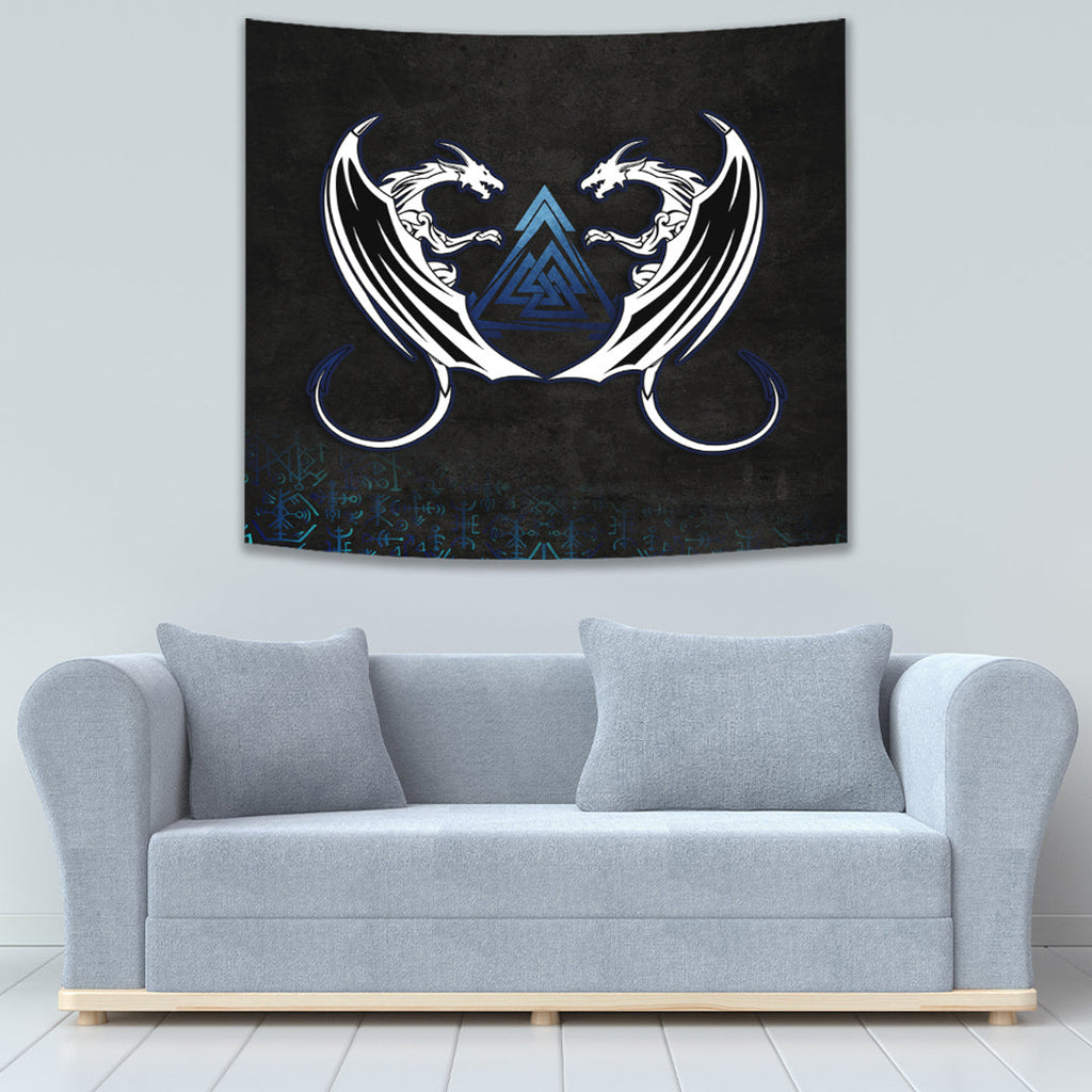 Tapestry - Double Dragon Valknut Rune Circle Vegvisir Tapestry