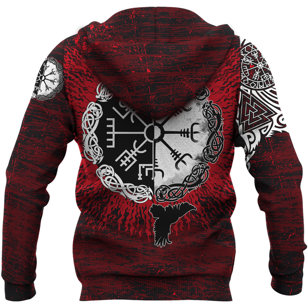 Hoodie Raven of Odin and Symbol Viking on Blood Background