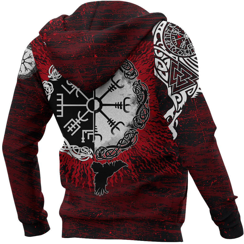 Hoodie Raven of Odin and Symbol Viking on Blood Background